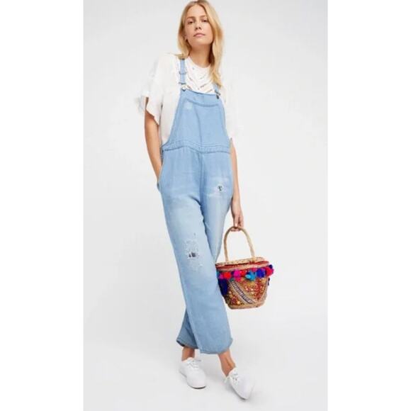 Free People chambray distressed overalls - Picture 1 of 6